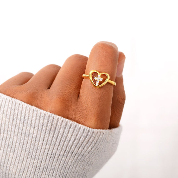 Cross in Heart Ring-God Knew My Heart Needed U 