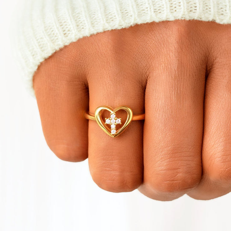 Cross in Heart Ring-God Knew My Heart Needed U 