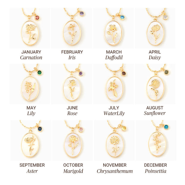 No Rain No Flower Mother Of Pearl Birth Flower Necklace