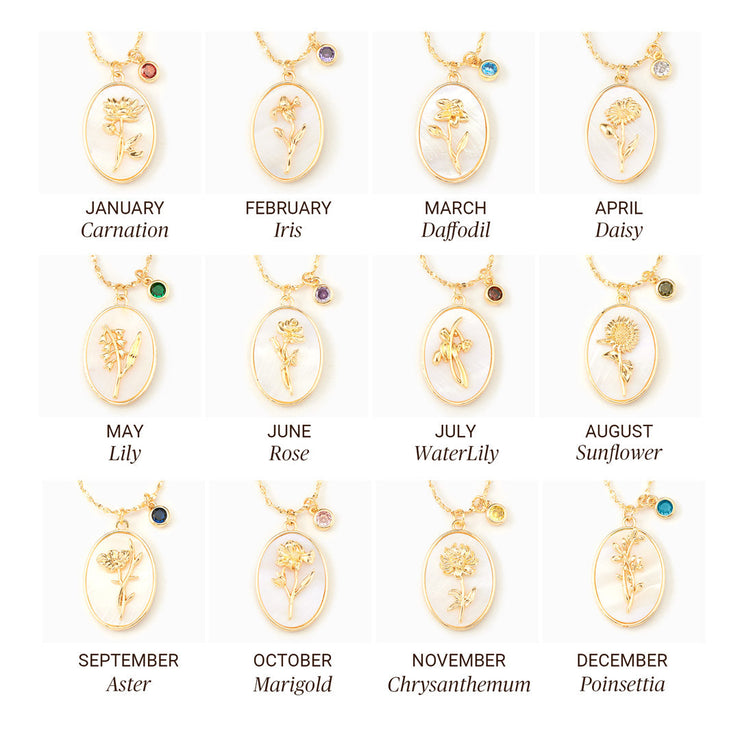 No Rain No Flower Mother Of Pearl Birth Flower Necklace
