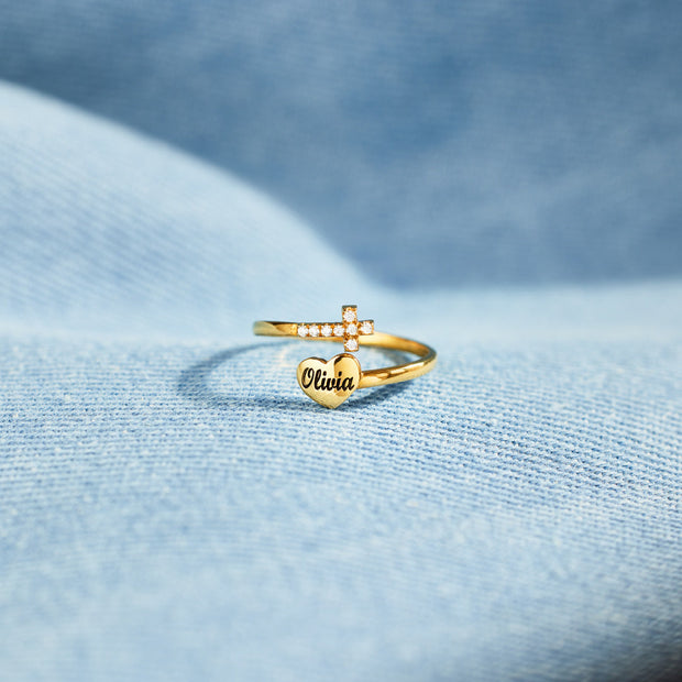 Personalized Name Heart & Cross Ring