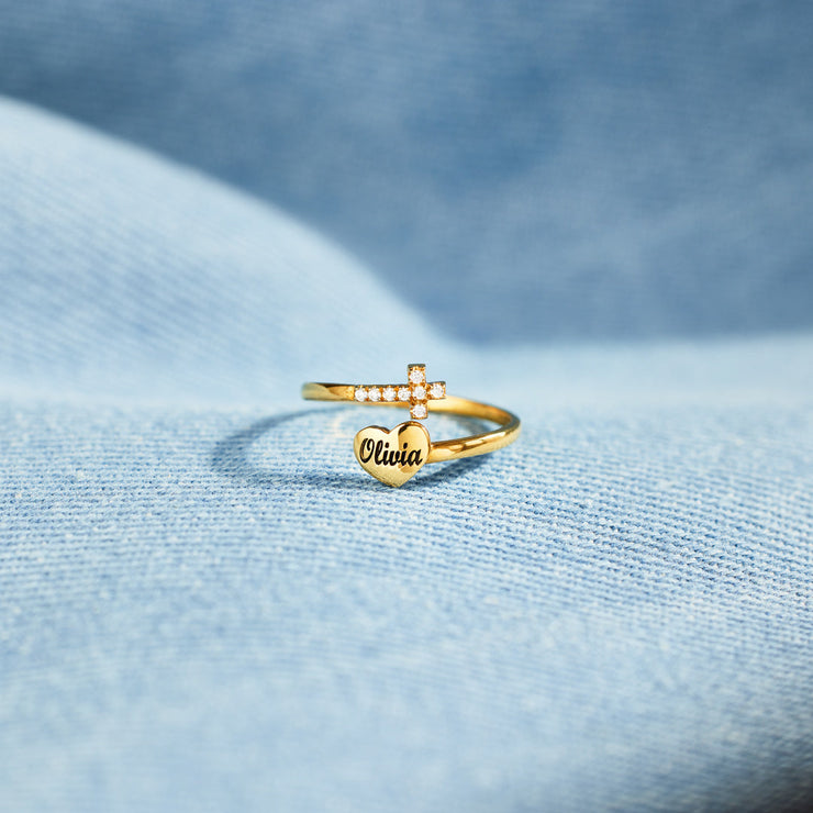 Personalized Name Heart & Cross Ring