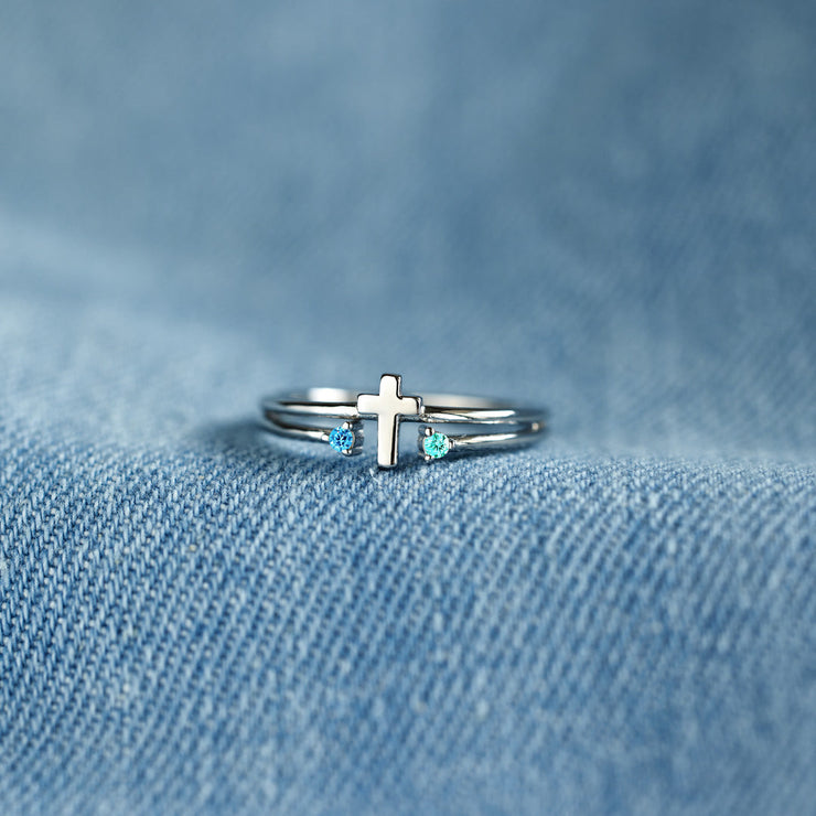 Mother And Daughter Double Gem Cross Ring - Mother's Day Gift