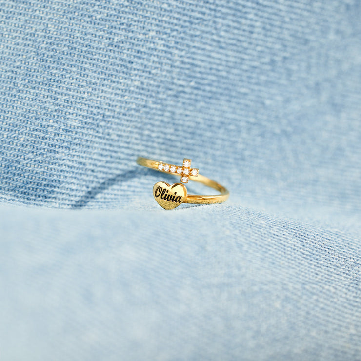 Personalized Name Heart & Cross Ring