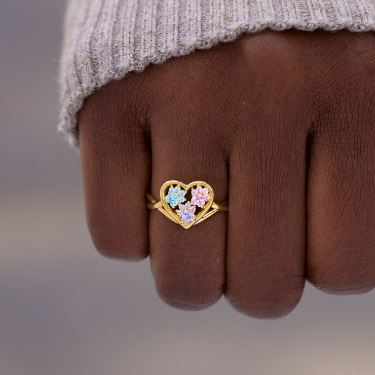The Catmother Custom Paw In Heart 1-5 Birthstones Ring