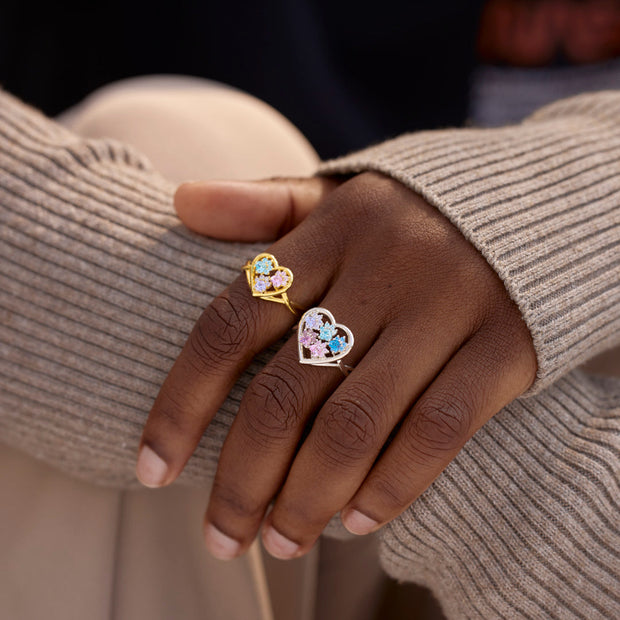 The Catmother Custom Paw In Heart 1-5 Birthstones Ring