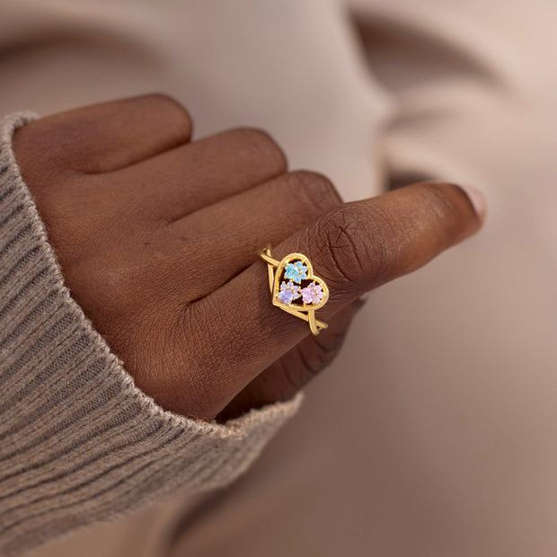 The Catmother Custom Paw In Heart 1-5 Birthstones Ring