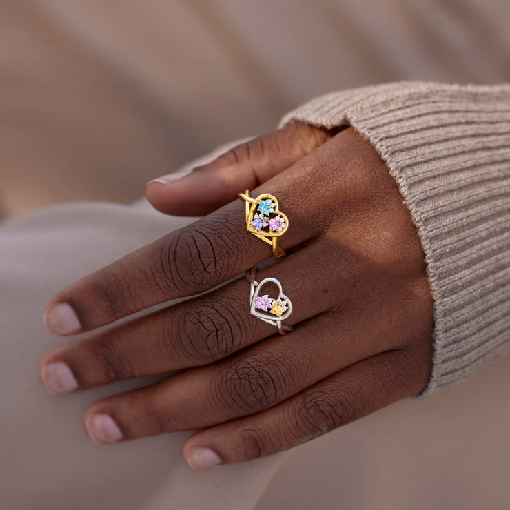 Proud Dog Mom Paw In Heart 1-5 Birthstones Ring