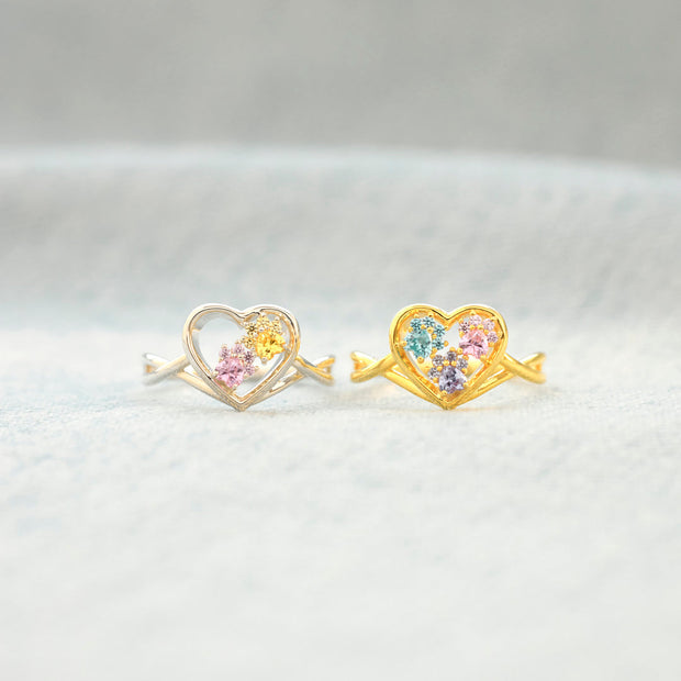 The Catmother Custom Paw In Heart 1-5 Birthstones Ring