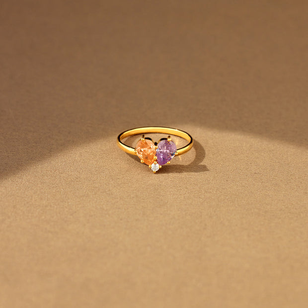 Dual Water Drop Birthstone Heart Ring