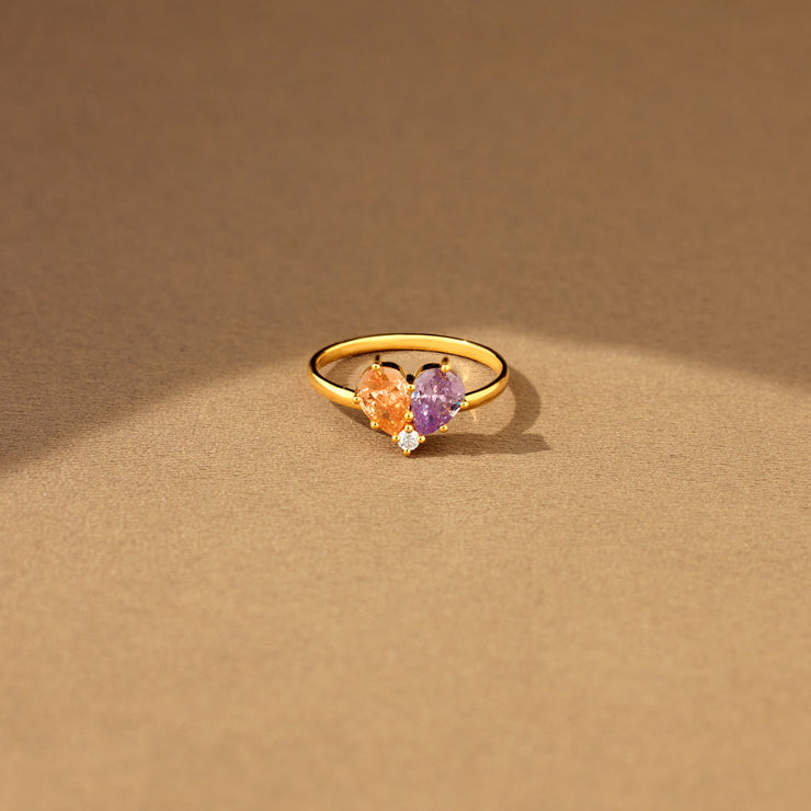 Dual Water Drop Birthstone Heart Ring