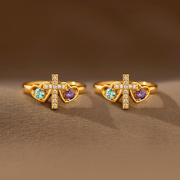 Sisters in Christ Dual Birthstones Cross Heart Ring