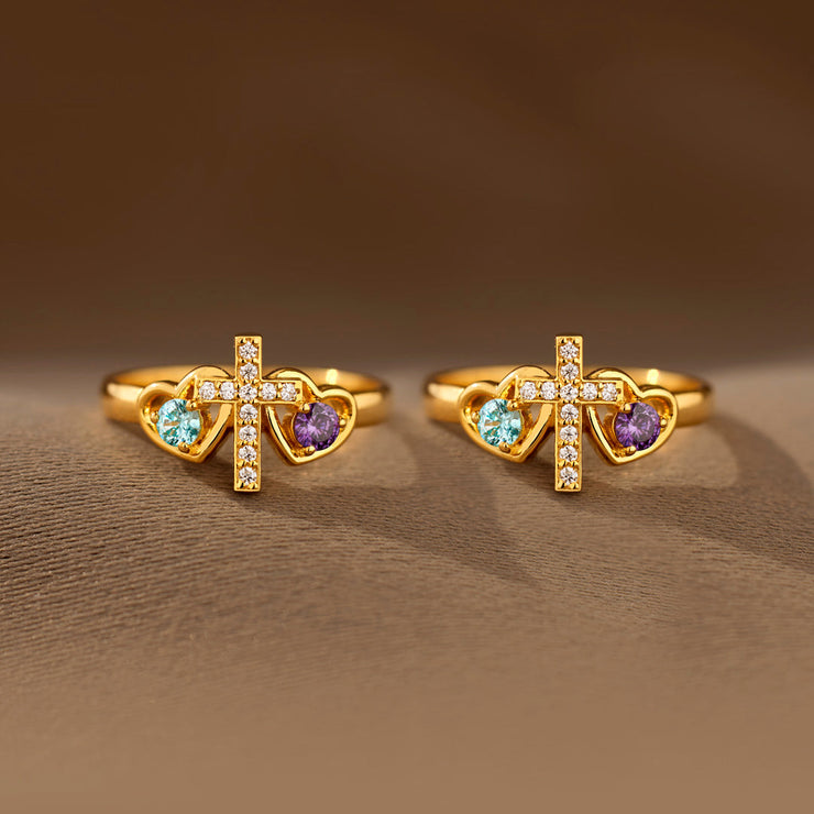 Sisters in Christ Dual Birthstones Cross Heart Ring