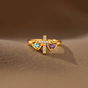 A blessed bond Dual Birthstones Cross Heart Ring