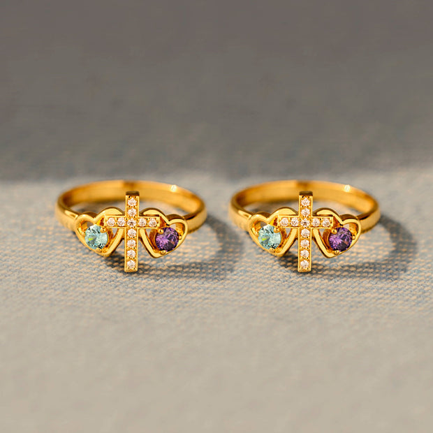 Sisters in Christ Dual Birthstones Cross Heart Ring
