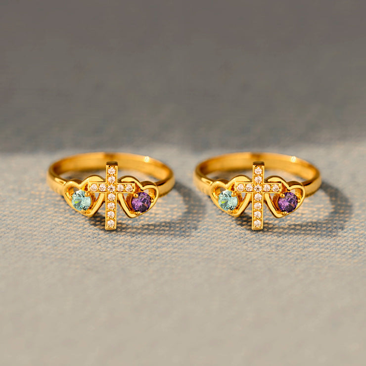 Sisters in Christ Dual Birthstones Cross Heart Ring