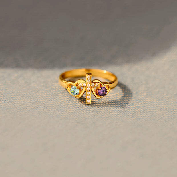 A blessed bond Dual Birthstones Cross Heart Ring