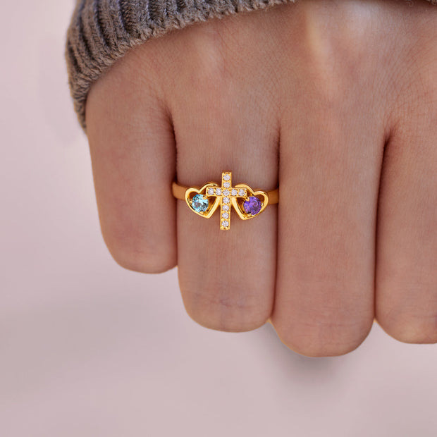A blessed bond Dual Birthstones Cross Heart Ring
