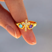 A blessed bond Dual Birthstones Cross Heart Ring