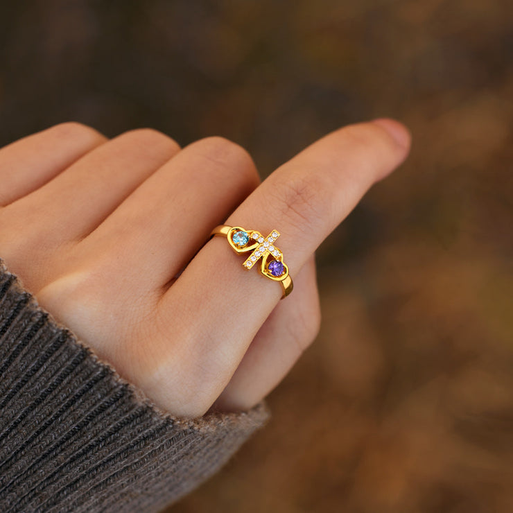 A blessed bond Dual Birthstones Cross Heart Ring