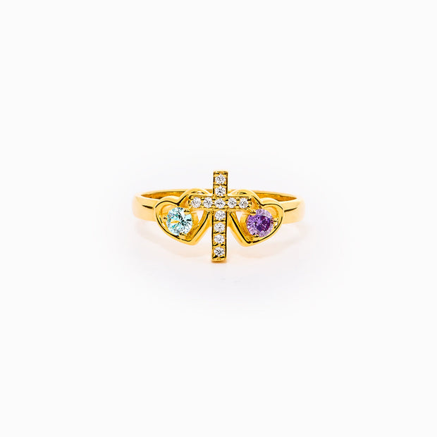 A blessed bond Dual Birthstones Cross Heart Ring