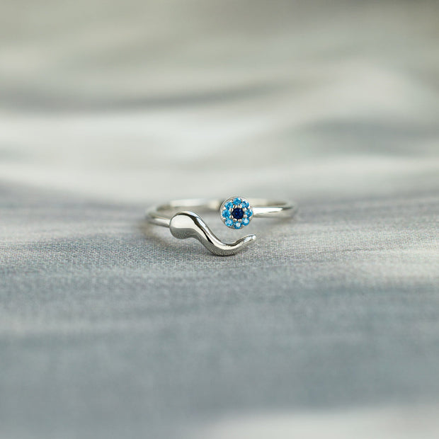 Evil Eye Ring, Italian Horn Ring in silver plated with environmental background