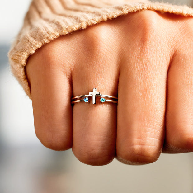 Mother And Daughter Double Gem Cross Ring - Mother's Day Gift