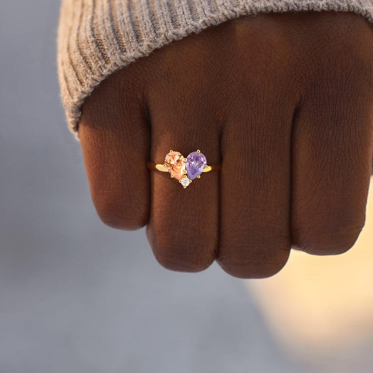 Dual Water Drop Birthstone Heart Ring