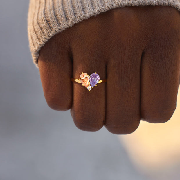 Dual Water Drop Birthstone Heart Ring
