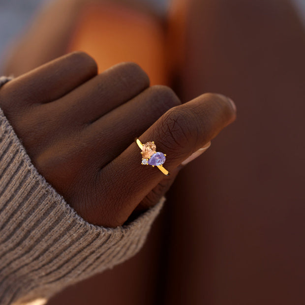 Dual Water Drop Birthstone Heart Ring