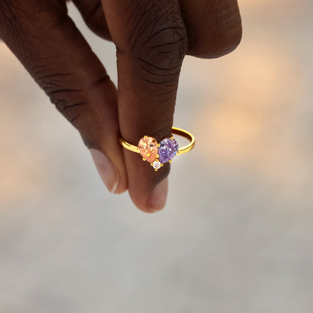 Dual Water Drop Birthstone Heart Ring