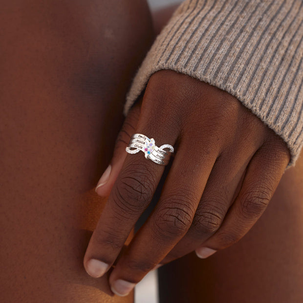 Mama's Little Gang 1-6 Names & Birthstones Ribbon Ring