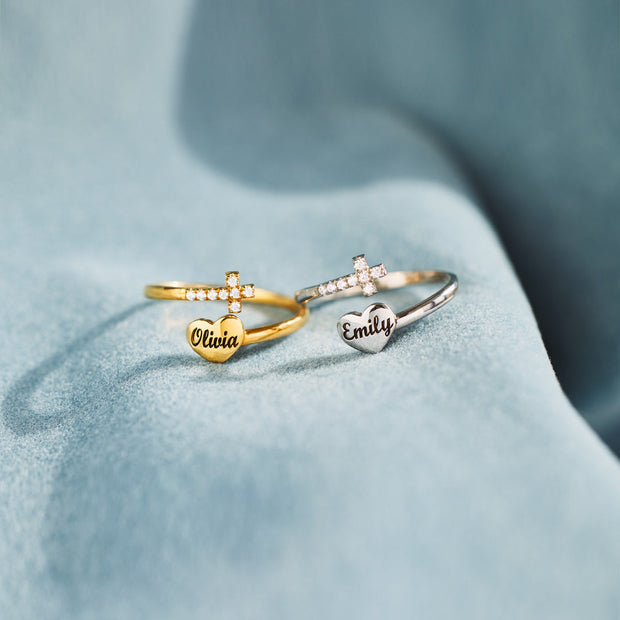 Personalized Name Heart & Cross Ring
