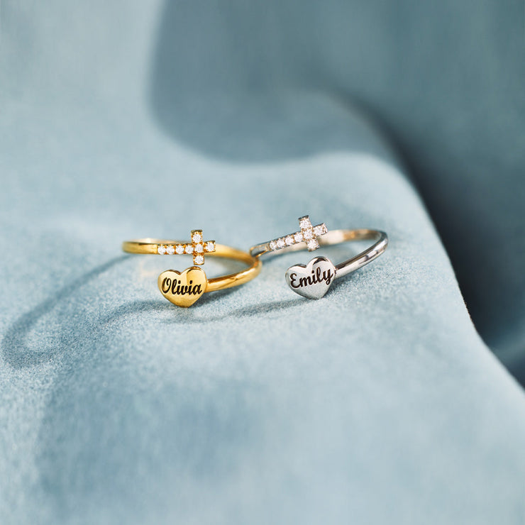 Personalized Name Heart & Cross Ring