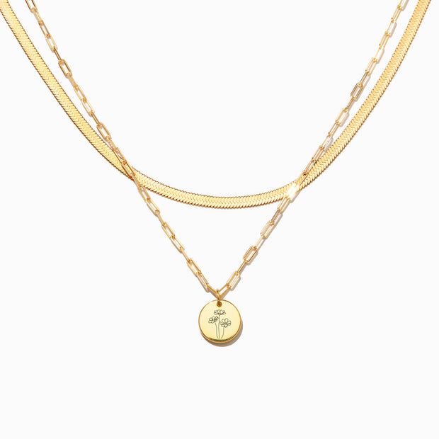 Engraved Birth Month Flower Necklace Set