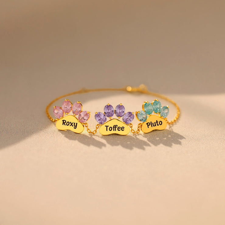 Proud Cat Mom Paw & Name 1-6 Birthstone Bracelet