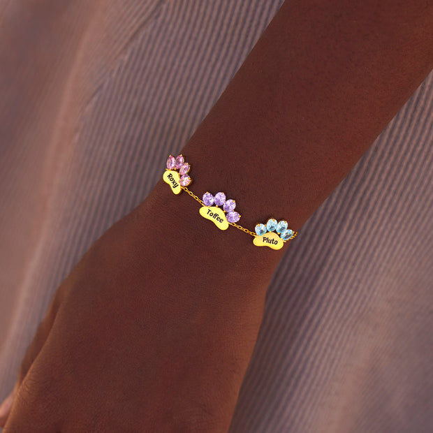 Proud Cat Mom Paw & Name 1-6 Birthstone Bracelet