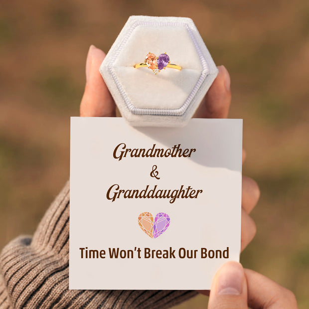 Grandmother & Granddaughter Dual Water Drop Birthstones Heart Ring