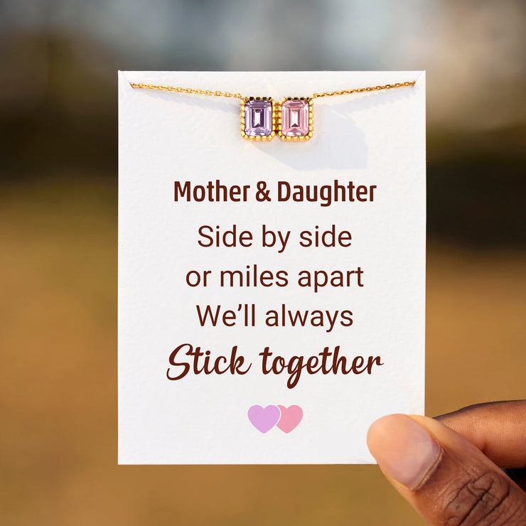 Mother & Daughter Emerald Cut Birthstones Necklace