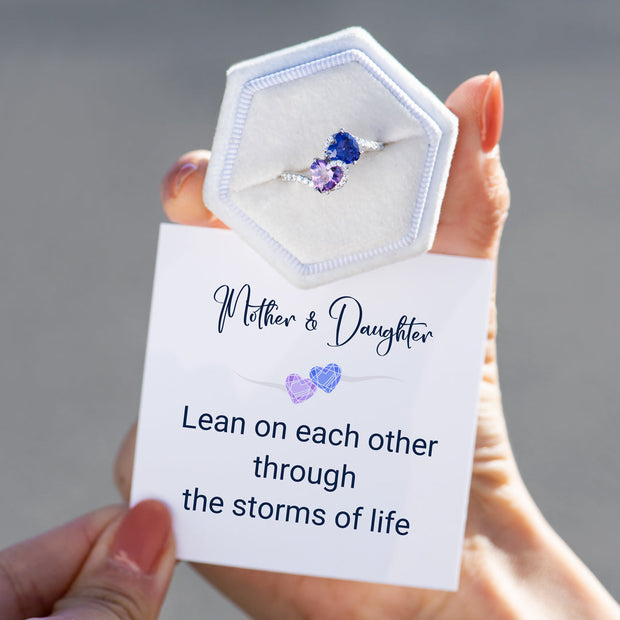 Mother & Daughter Lean On Each Other Opposite Heart Birthstone Ring