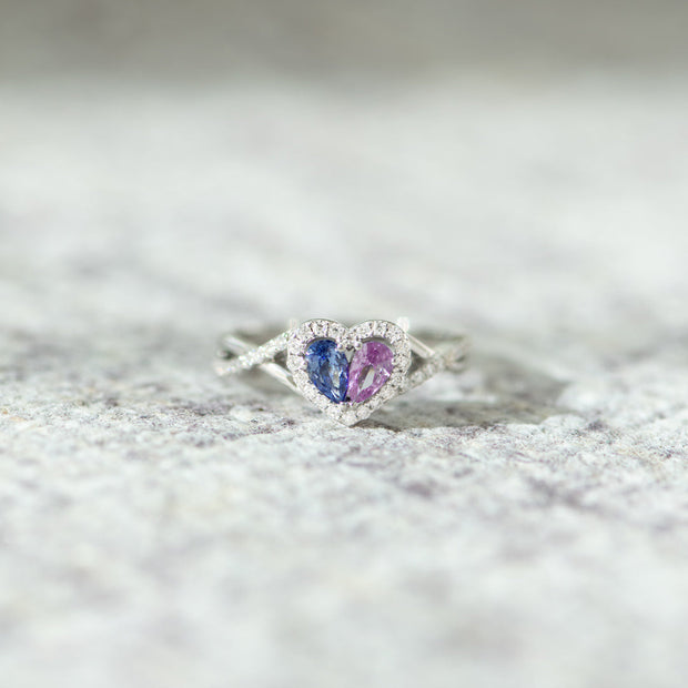 You & I  Dual Teardrop Birthstone Heart Ring