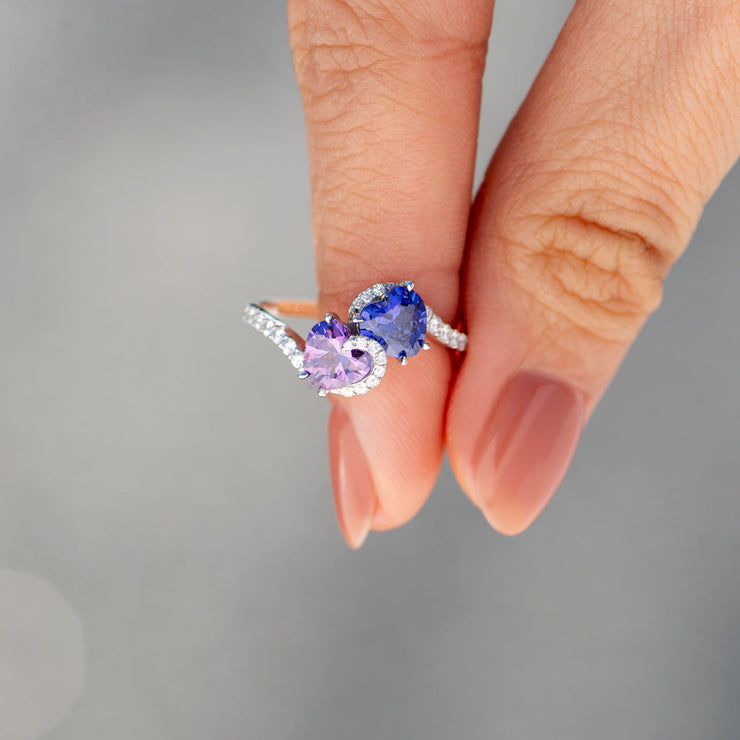 Mother & Daughter Lean On Each Other Opposite Heart Birthstone Ring