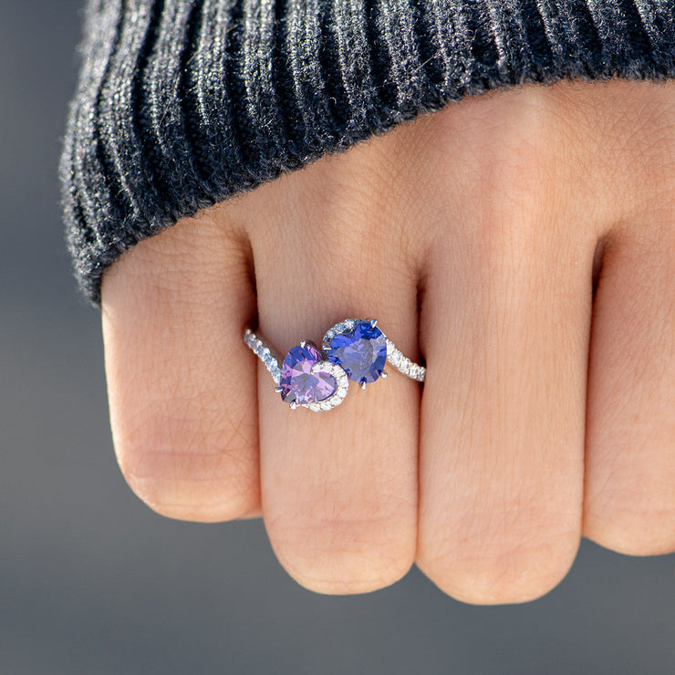 Mother & Daughter Lean On Each Other Opposite Heart Birthstone Ring