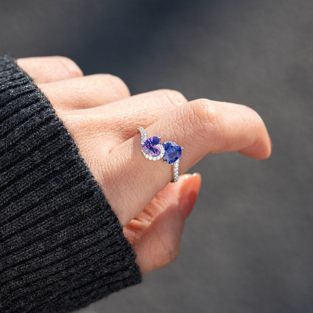 Mother & Daughter Lean On Each Other Opposite Heart Birthstone Ring