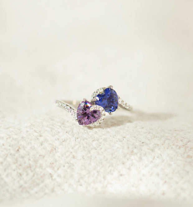 Mother & Daughter Lean On Each Other Opposite Heart Birthstone Ring