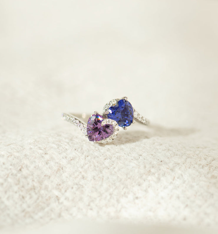 Mother & Daughter Lean On Each Other Opposite Heart Birthstone Ring