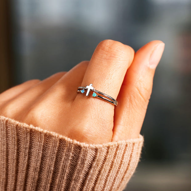 Mother And Daughter Double Gem Cross Ring - Mother's Day Gift