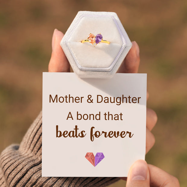 Mother And Daughter Dual Water Drop Birthstone Heart Ring