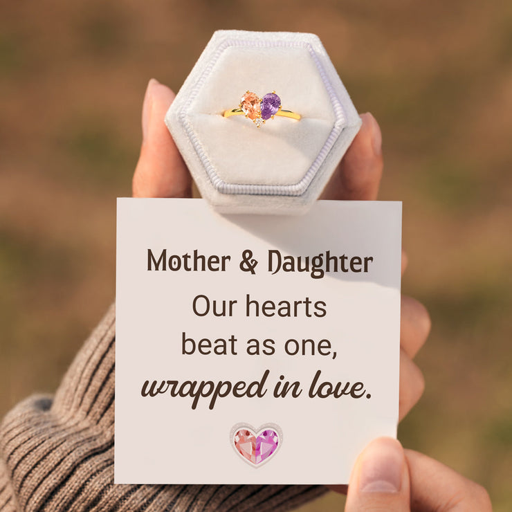 Mother & Daughter Dual Water Drop Birthstone Heart Ring