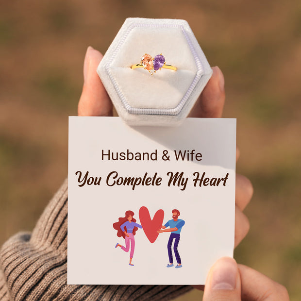 Husband & Wife Dual Water Drop Birthstone Heart Ring